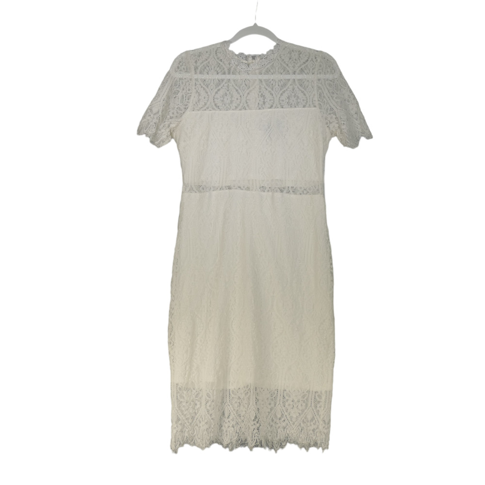 Lulus Dress Womens Size L White Lace Pencil Sheer at Waist Lined Dressy